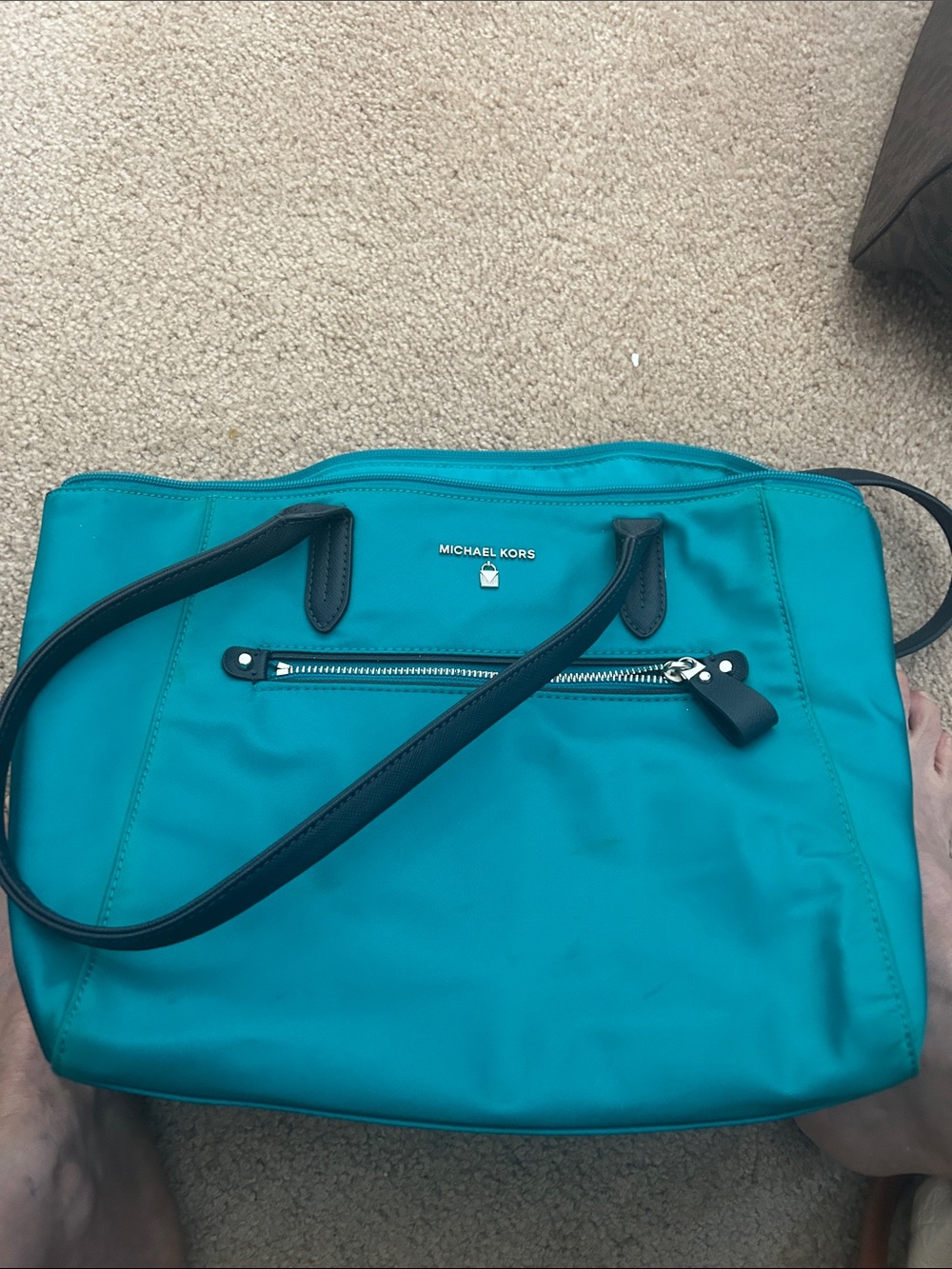 Michael Kors Teal Nylon Shoulder Tote with Black Straps
